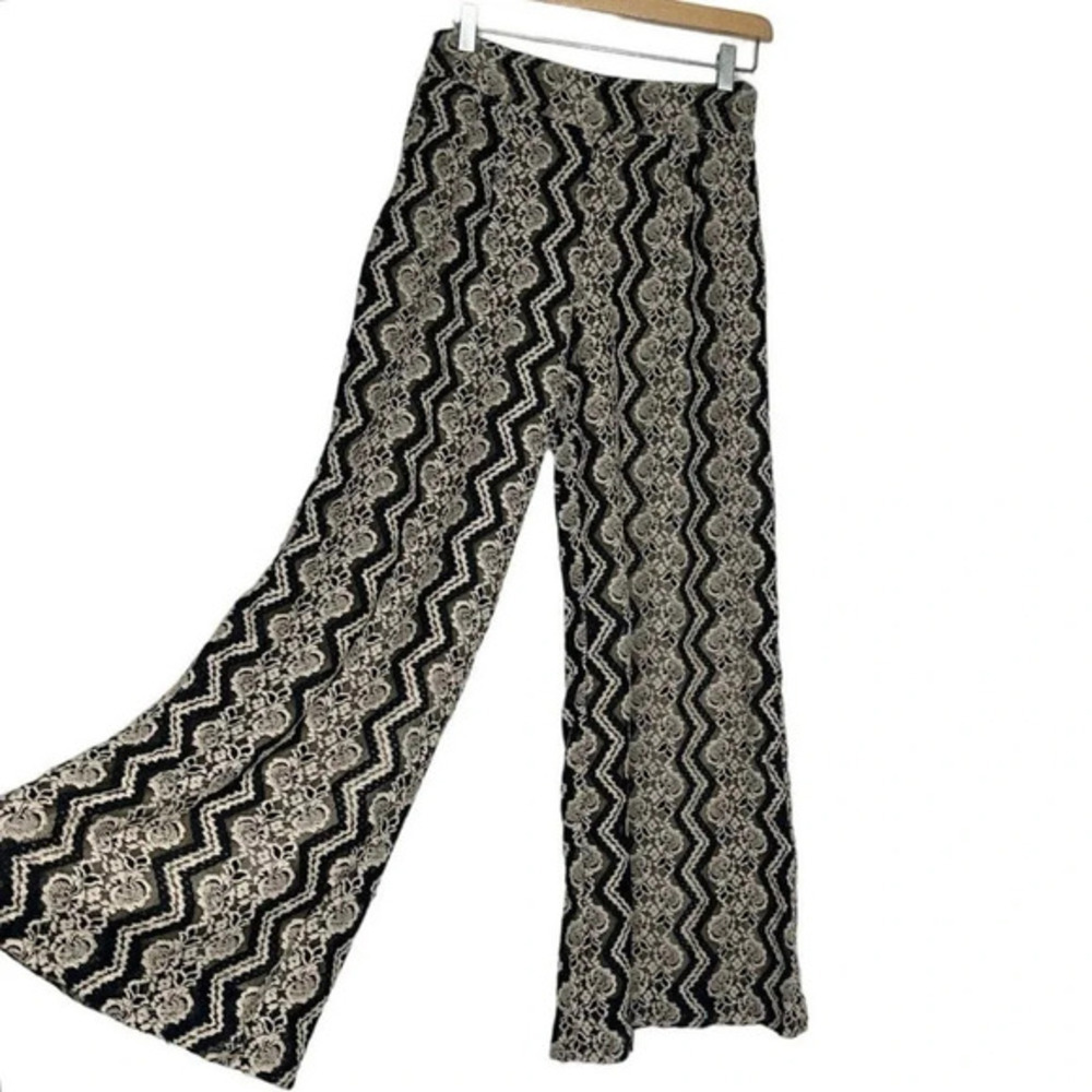 Baciano Wide Leg Palazzo Pants S Black Beige Chevron Zig Zag Lace Crochet Boho